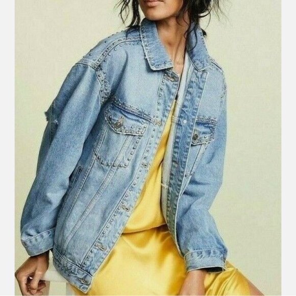Free People Studded Denim Trucker Jacket